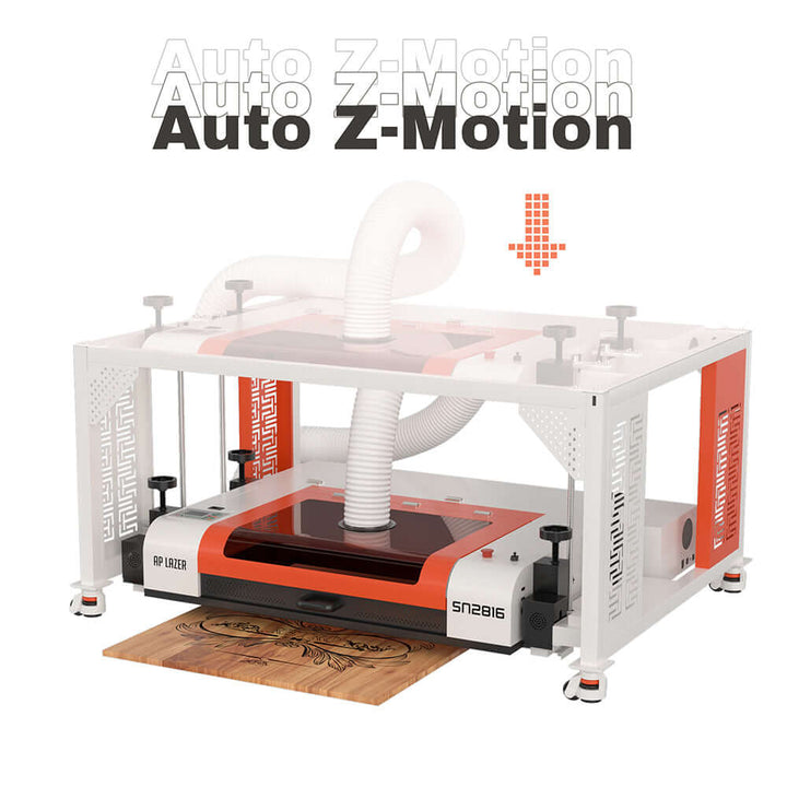 SN2816LR CO2 laser machine with Auto Z-Motion feature, designed for precision engraving and cutting.