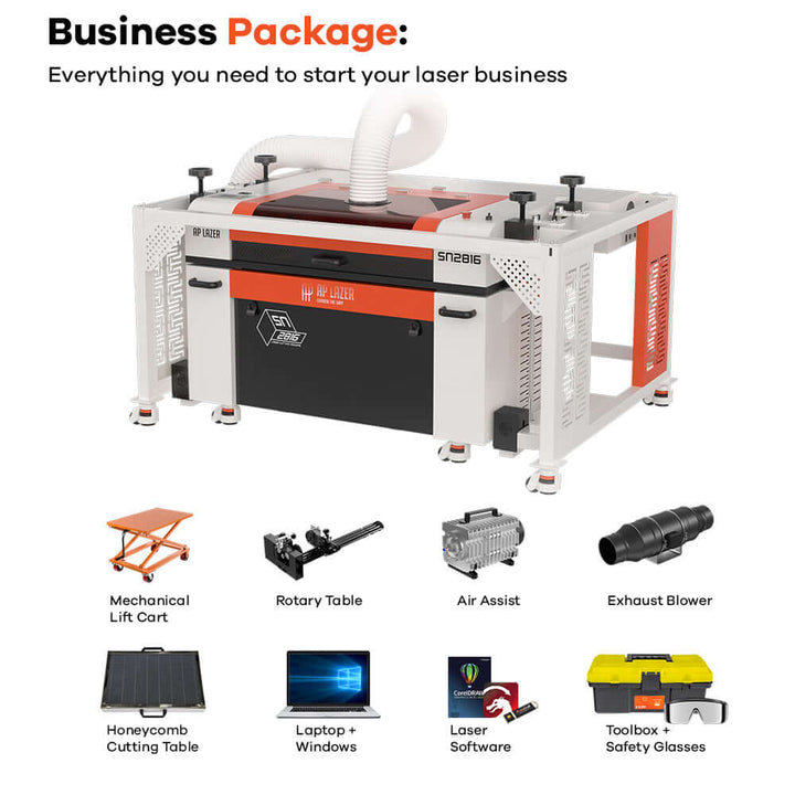 Refurbished SN2816LR CO2 laser machine with essential accessories for starting a laser business, including tables and software.