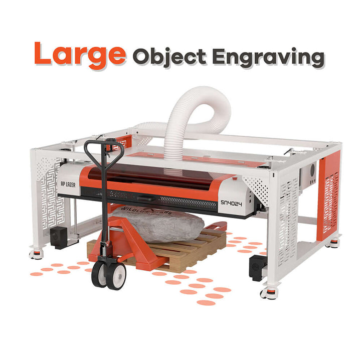 SN4024 CO2 laser machine designed for large object engraving with ventilation system and material support.