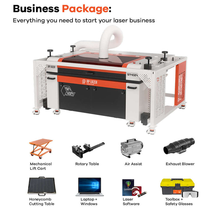 All-in-one SN4836LR CO2 Laser Machine package with mechanical lift cart, rotary table, air assist, and safety tools.