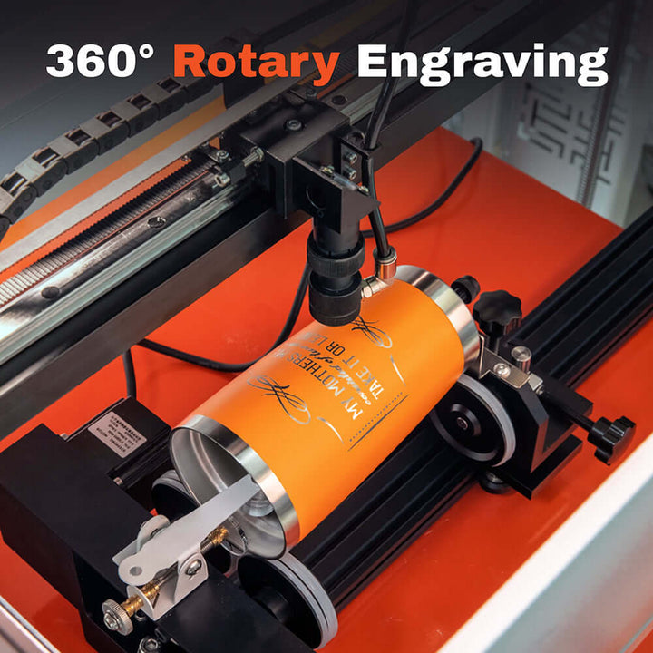 360° rotary engraving on a CO2 laser machine, showcasing precision and versatility in design.